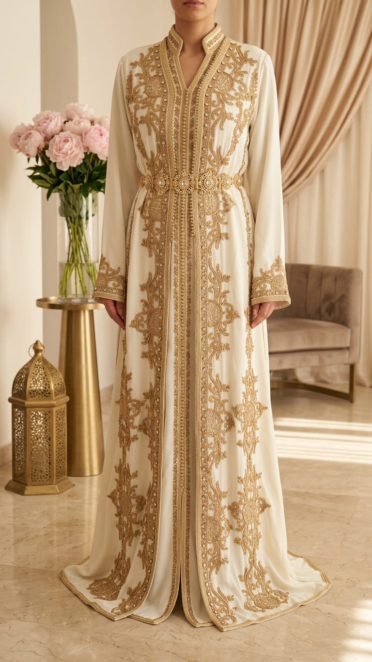Tauche ein in orientalische Pracht mit diesem edlen marokkanischen Kaftan für Damen. In strahlendem  weiss und mit goldener Stickerei verziert, ist dieses handgefertigte Zweiteiler-Set perfekt für Ramadan, Hochzeiten, Verlobungen oder besondere Anlässe.