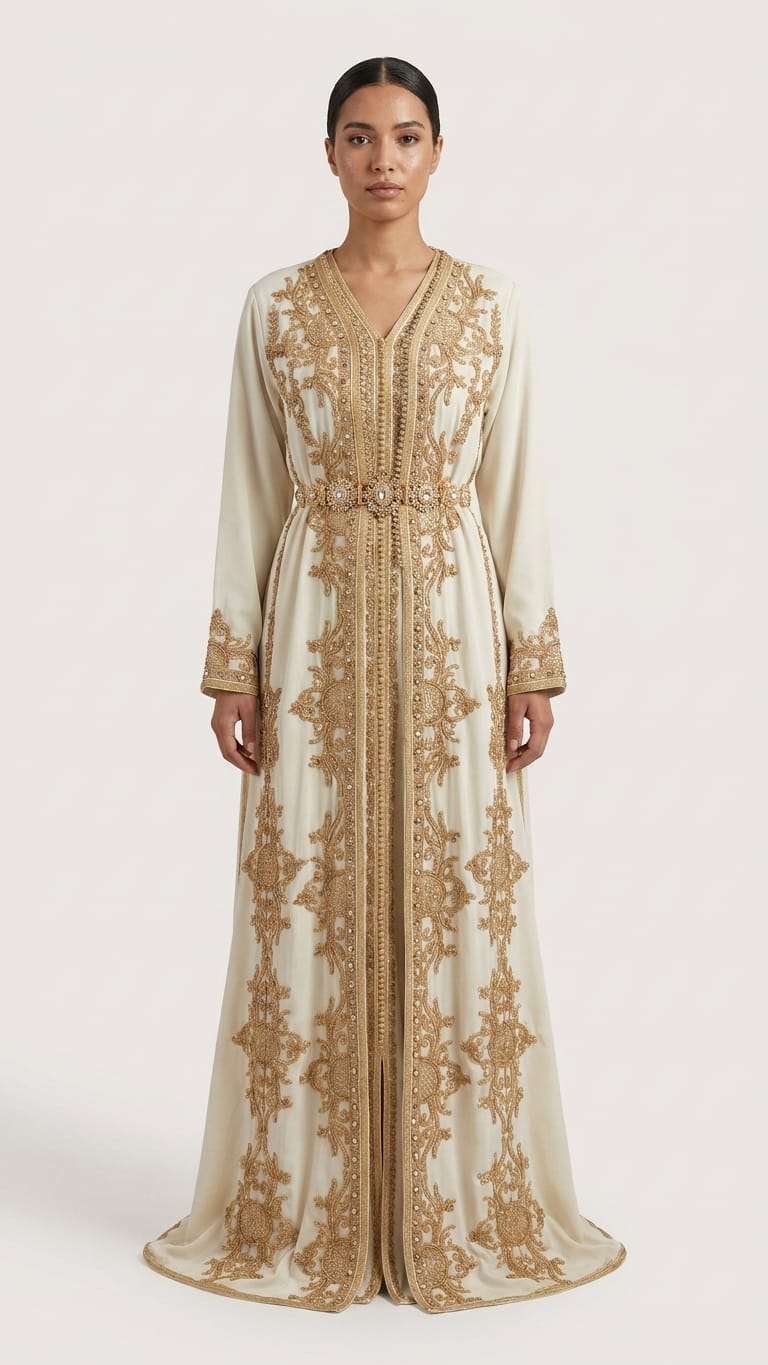 Tauche ein in orientalische Pracht mit diesem edlen marokkanischen Kaftan für Damen. In strahlendem  weiss und mit goldener Stickerei verziert, ist dieses handgefertigte Zweiteiler-Set perfekt für Ramadan, Hochzeiten, Verlobungen oder besondere Anlässe.