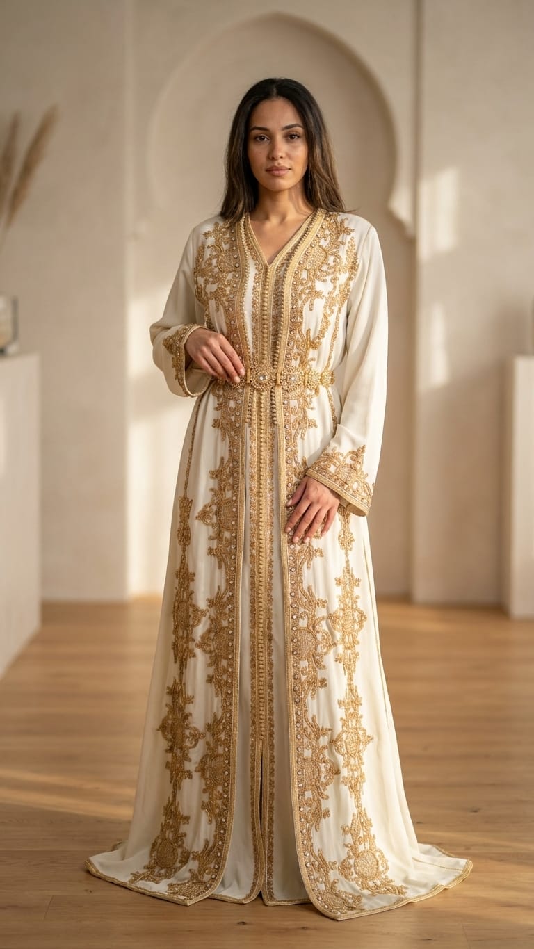Tauche ein in orientalische Pracht mit diesem edlen marokkanischen Kaftan für Damen. In strahlendem  weiss und mit goldener Stickerei verziert, ist dieses handgefertigte Zweiteiler-Set perfekt für Ramadan, Hochzeiten, Verlobungen oder besondere Anlässe.