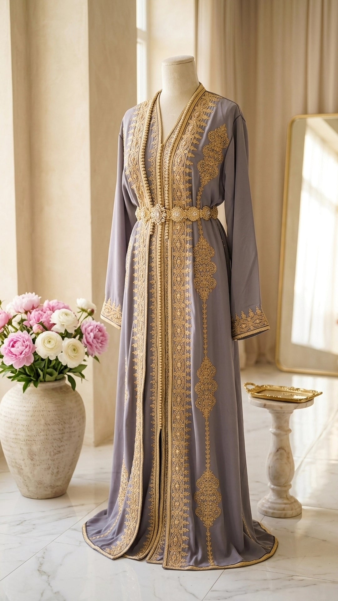 Tauche ein in orientalische Pracht mit diesem edlen marokkanischen Kaftan für Damen. In strahlendem grau und mit goldener Stickerei verziert, ist dieses handgefertigte Zweiteiler-Set perfekt für Ramadan, Hochzeiten, Verlobungen oder besondere Anlässe.