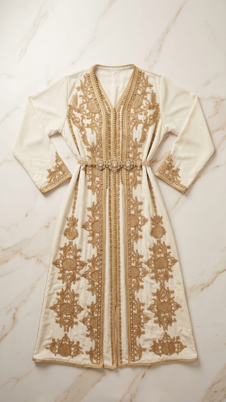 Tauche ein in orientalische Pracht mit diesem edlen marokkanischen Kaftan für Damen. In strahlendem  weiss und mit goldener Stickerei verziert, ist dieses handgefertigte Zweiteiler-Set perfekt für Ramadan, Hochzeiten, Verlobungen oder besondere Anlässe.